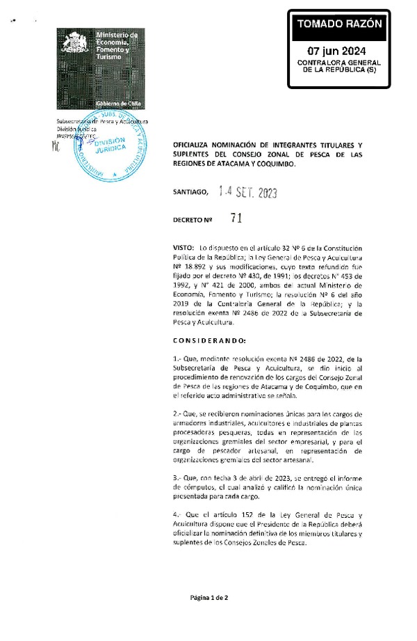 D.S. 71-2023 Oficializa Nominación de los Miembros Titulares y Suplentes del Consejo Zonal de Pesca de las Regiones de Atacama y Coquimbo. (Publicado en Página Web 17-06-2024)