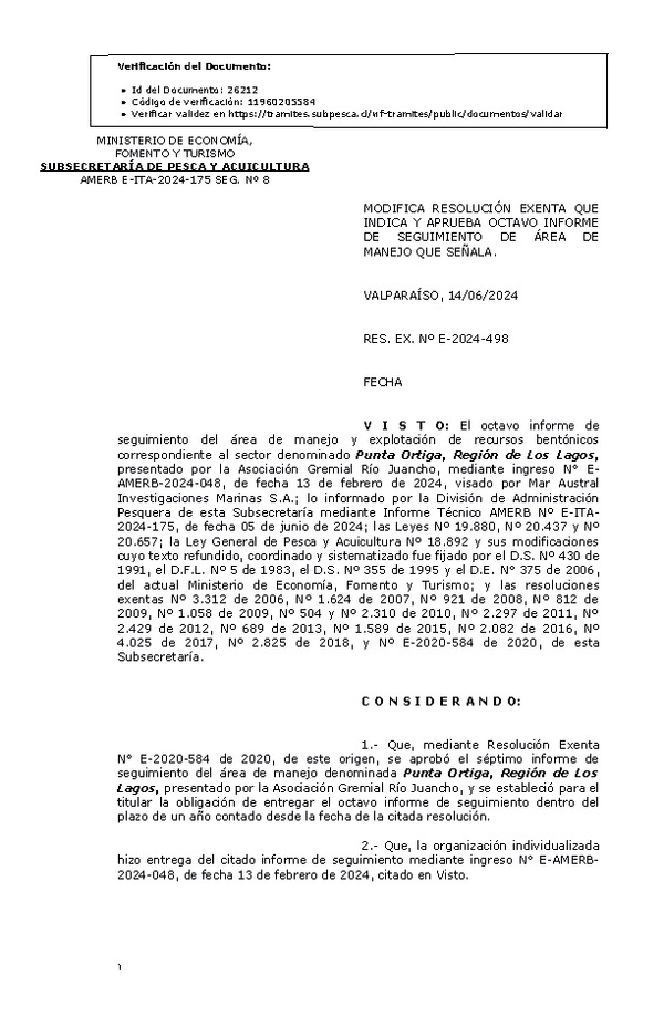 RESOL. EXENTA Nº E-2024-498 Modifica resolución que indica. Aprueba 8° Seguimiento. (Publicado en Página Web 17-06-2024)