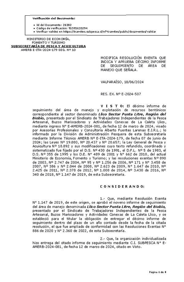 RES. EX. Nº E-2024-507 Modifica resolución que indica, Aprueba décimo informe de seguimieto. (Publicado en Página Web 19-06-2024)