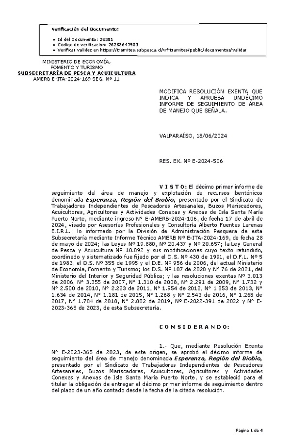 RES. EX. Nº E-2024-506 Modifica resolución que indica, Aprueba undécimo informe de seguimiento. (Publicado en Página Web 19-06-2024)