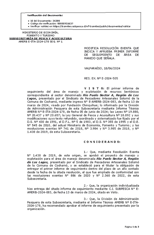 RES. EX. Nº E-2024-505 Modifica resolución que indica, Aprueba primer informe de seguimiento. (Publicado en Página Web 19-06-2024)