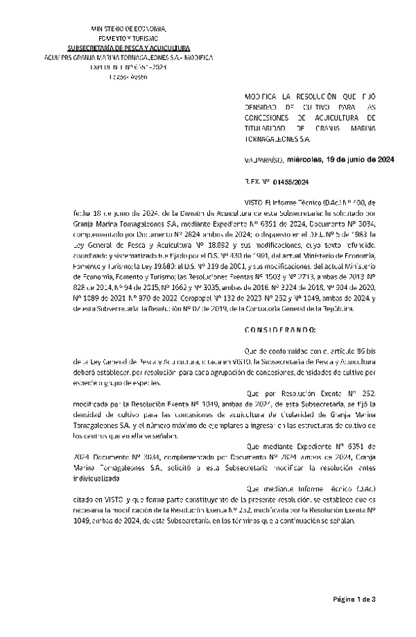 Res. Ex. N° 1455-2024 Modifica Res. Ex. N° 252-2024 Fija densidad de cultivo para las concesiones de acuicultura de titularidad de Granja Marina Tornagaleones S.A. Aprueba Programa de Manejo que Indica. (Con informe técnico) (Publicado en Página Web 19-06-2024)