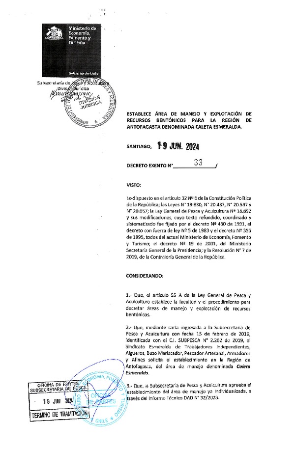Dec. Ex. N° 33-2024 Establece Área de Manejo y Explotación de Recursos Bentónicos para la Región de Antofagasta Denominada Caleta Esmeralda. (Publicado en Página Web 24-06-2024)