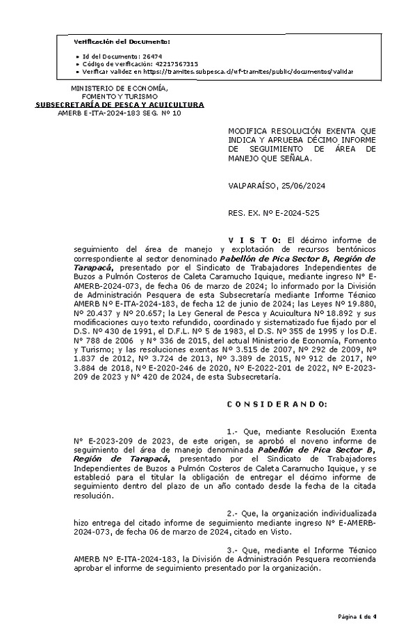 RES. EX. Nº E-2024-525 Modifica resolución que indica, aprueba décimo informe de seguimiento. (Publicado en Página Web 25-06-2024)