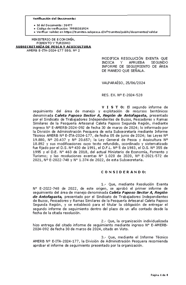 RESOL. EXENTA Nº E-2024-528 Modifica resolución que indica, aprueba seguimiento informe de seguimiento. (Publicado en Página Web 26-06-2024)