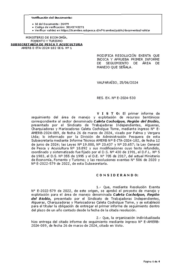 RESOL. EXENTA Nº E-2024-530 Modifica resolución que indica, aprueba primer informe de seguimiento. (Publicado en Página Web 26-06-2024)