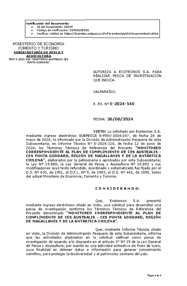 R. EX. Nº E-2024-540 AUTORIZA A ECOTECNOS S.A. PARA REALIZAR PESCA DE INVESTIGACIÓN QUE INDICA. (Publicado en Página Web 27-06-2024)
