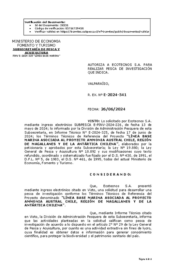 R. EX. Nº E-2024-541 AUTORIZA A ECOTECNOS S.A. PARA REALIZAR PESCA DE INVESTIGACIÓN QUE INDICA. (Publicado en Página Web 27-06-2024)