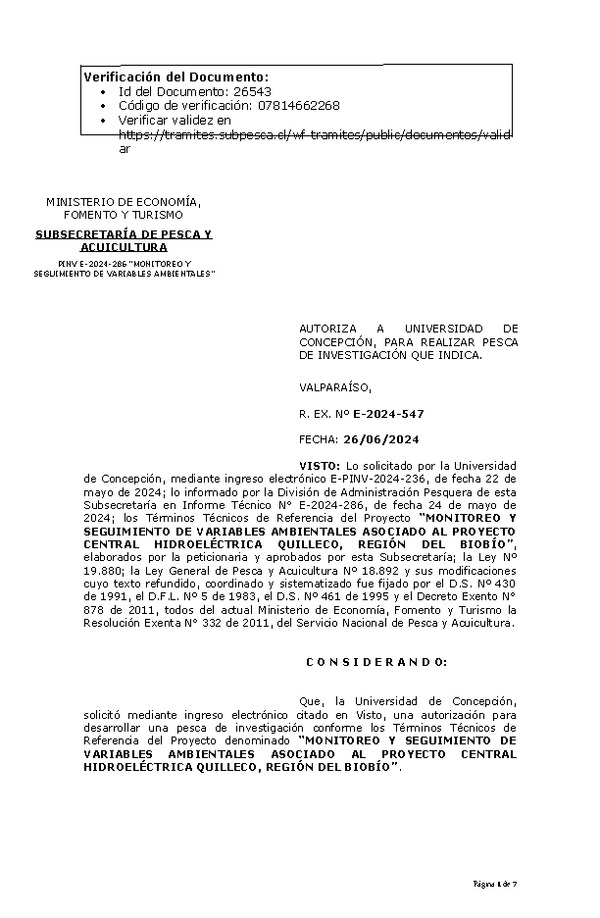 R. EX. Nº E-2024-547 AUTORIZA A UNIVERSIDAD DE CONCEPCIÓN, PARA REALIZAR PESCA DE INVESTIGACIÓN QUE INDICA. (Publicado en Página Web 27-06-2024)