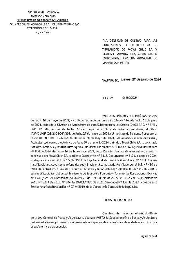 Res. Ex. N° 1489-2024 Fija densidad de cultivo para las concesiones de acuicultura de titularidad de Mowi Chile S.A. y Delifish Farming SpA., como grupo empresarial. Aprueba programa de manejo que indica. (Con Informe Técnico) (Publicado en Página Web 28-06-2024)