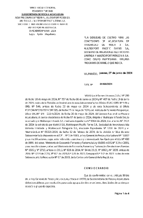 Res. Ex. N° 1498-2024 Fija densidad de cultivo para las concesiones de acuicultura de titularidad de Multi X S.A., Multiexport Pacific Farms S.A., Sociedad de Inversiones Isla Victoria Limitada y Multiexport Patagonia S.A. como grupo empresarial. Aprueba programa de manejo que indica. (Con Informe Técnico) (Publicado en Página Web 28-06-2024)