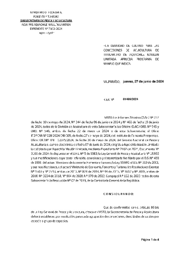 Res. Ex. N° 1499-2024 Fija densidad de cultivo para las concesiones de acuicultura de titularidad de Empresas Aquachile Maullín Limitada. Aprueba programa de manejo que indica. (Con Informe Técnico) (Publicado en Página Web 28-06-2024)
