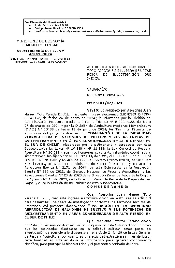 R. EX. Nº E-2024-556 AUTORIZA A ASESORÍAS JUAN MANUEL TORO PARADA E.I.R.L., PARA REALIZAR PESCA DE INVESTIGACIÓN QUE INDICA. (Publicado en Página Web 02-07-2024)