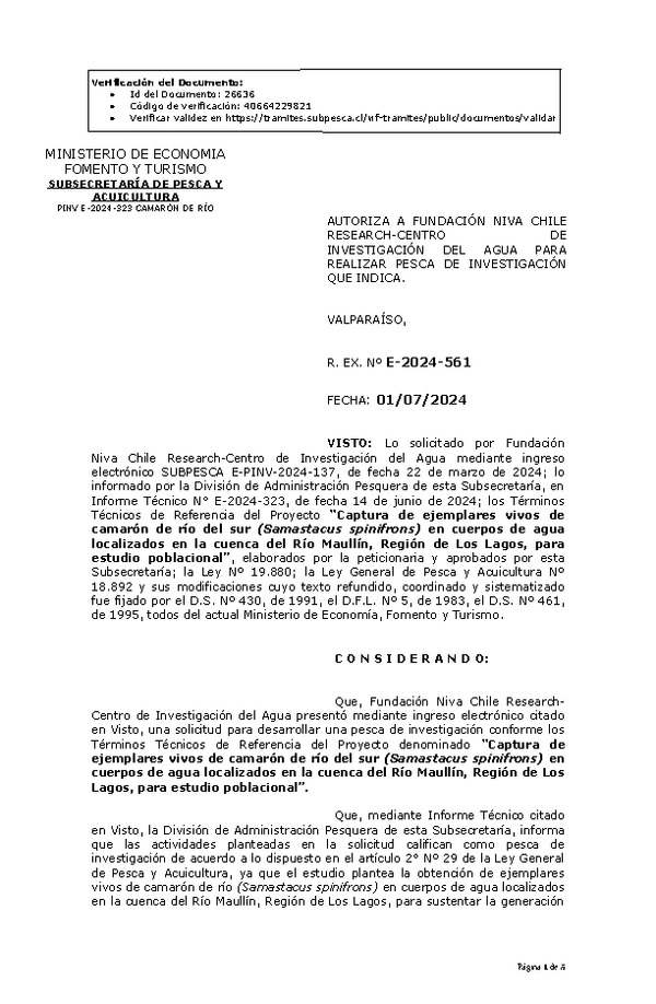 RES. EX. Nº E-2024-561 AUTORIZA A FUNDACIÓN NIVA CHILE RESEARCH-CENTRO DE INVESTIGACIÓN DEL AGUA PARA REALIZAR PESCA DE INVESTIGACIÓN QUE INDICA. (Publicado en Página Web 03-07-2024)