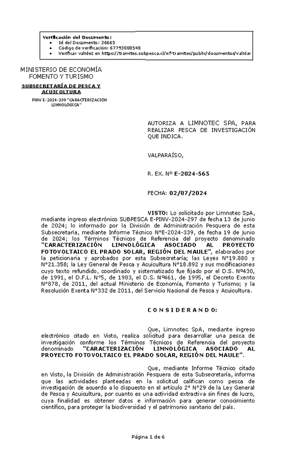 RES. EX. Nº E-2024-565 AUTORIZA A LIMNOTEC SPA, PARA REALIZAR PESCA DE INVESTIGACIÓN QUE INDICA. (Publicado en Página Web 03-07-2024)