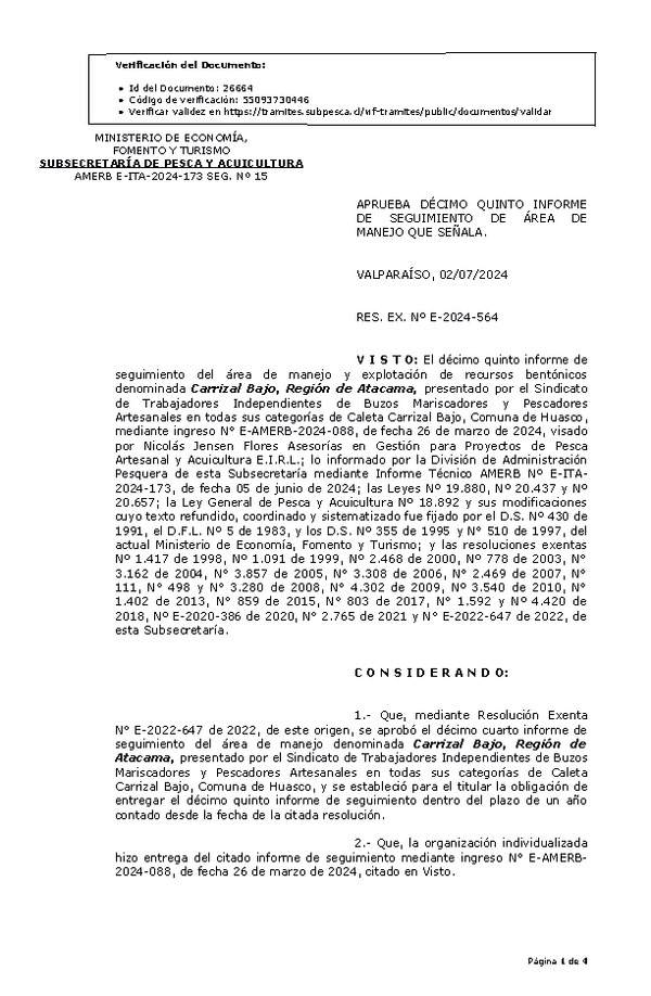 RESOL. EXENTA Nº E-2024-564 Aprueba décimo quinto informe de seguimiento. (Publicado en Página Web 03-07-2024)