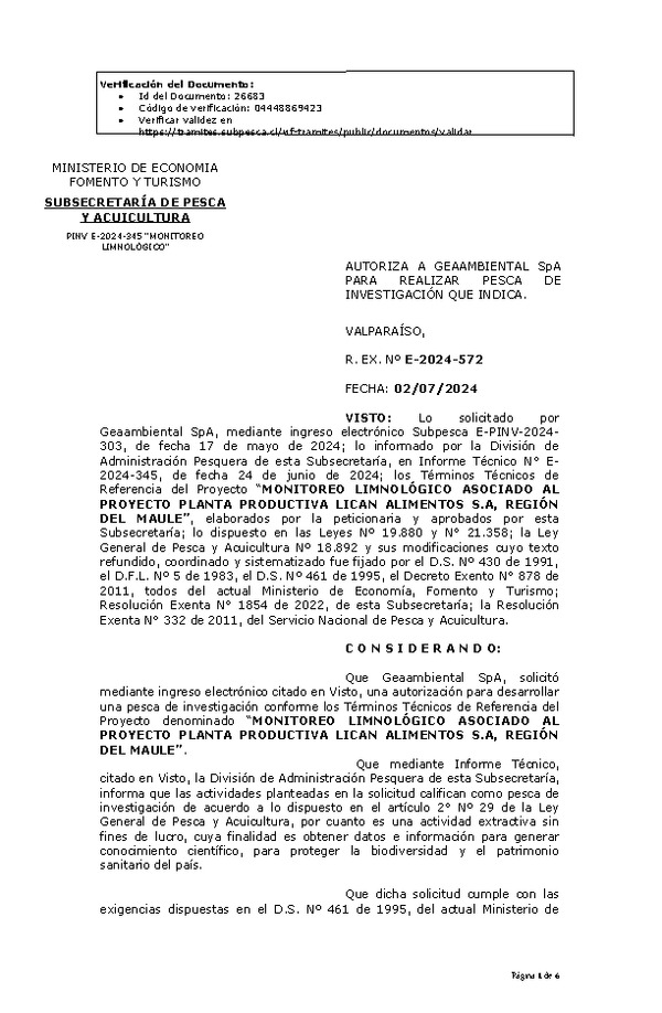 RES. EX. Nº E-2024-572 AUTORIZA A GEAAMBIENTAL SpA PARA REALIZAR PESCA DE INVESTIGACIÓN QUE INDICA. (Publicado en Página Web 04-07-2024)