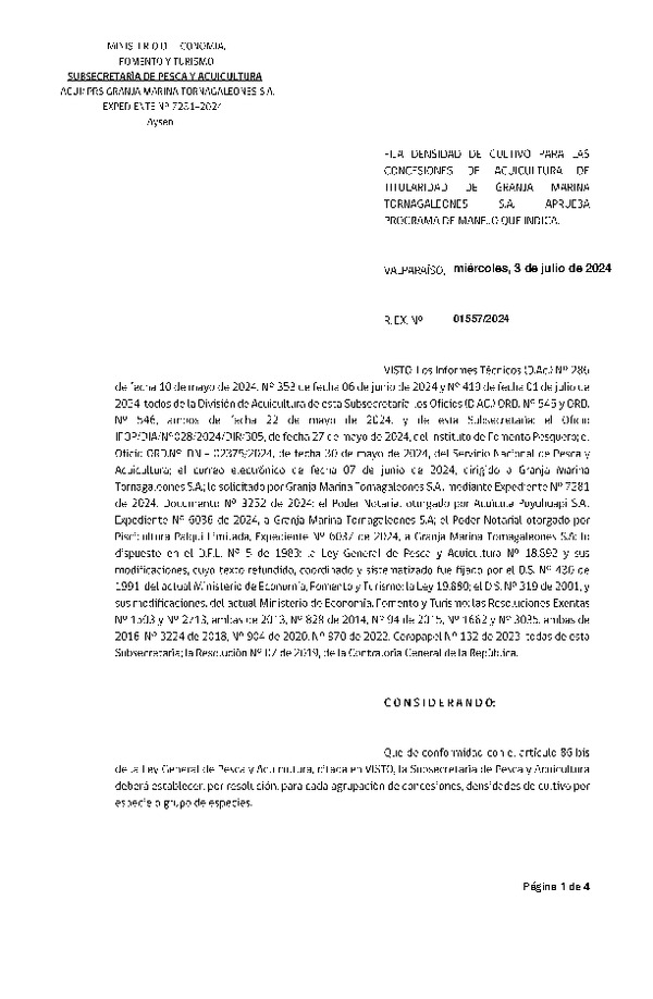Res. Ex. N° 1557-2024 Fija densidad de cultivo para las concesiones de acuicultura de titularidad de Granja Marina Tornagaleones S.A. Aprueba programa de manejo que indica. (Con Informe Técnico) (Publicado en Página Web 04-07-2024)