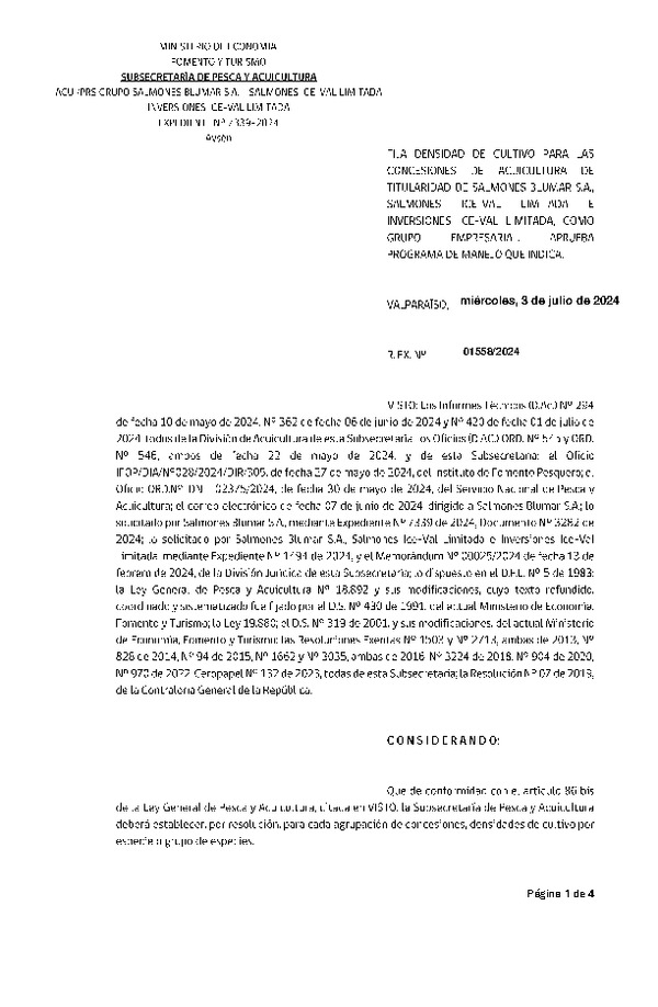 Res. Ex. N° 1558-2024 Fija densidad de cultivo para las concesiones de acuicultura de titularidad de Salmones Blumar S.A., Salmones Ice-Val Limitada e Inversiones Ice-Val Limitada como grupo Empresarial. Aprueba programa de manejo que indica. (Con Informe Técnico) (Publicado en Página Web 04-07-2024)