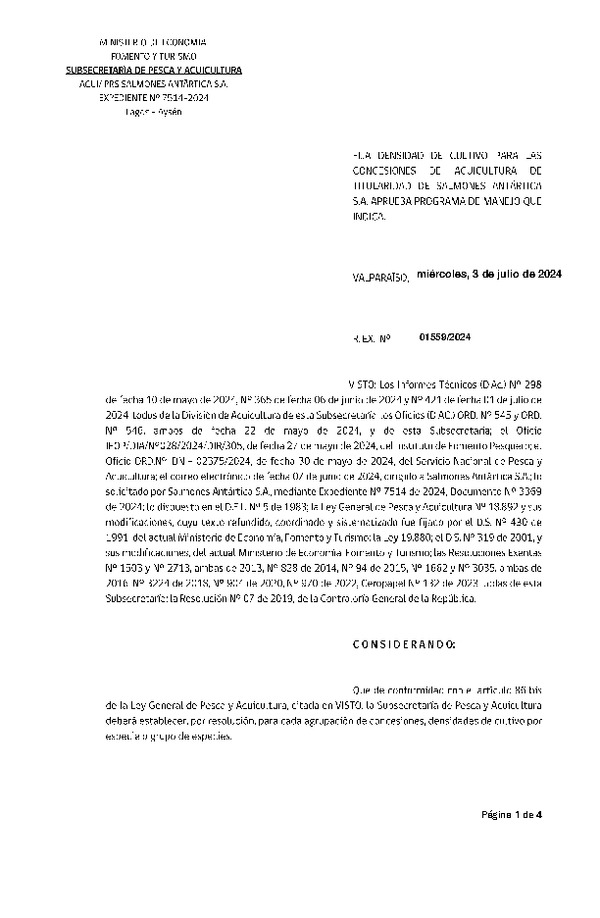 Res. Ex. N° 1559-2024 Fija densidad de cultivo para las concesiones de acuicultura de titularidad de Salmones Antártica S.A. Aprueba programa de manejo que indica. (Con Informe Técnico) (Publicado en Página Web 04-07-2024)