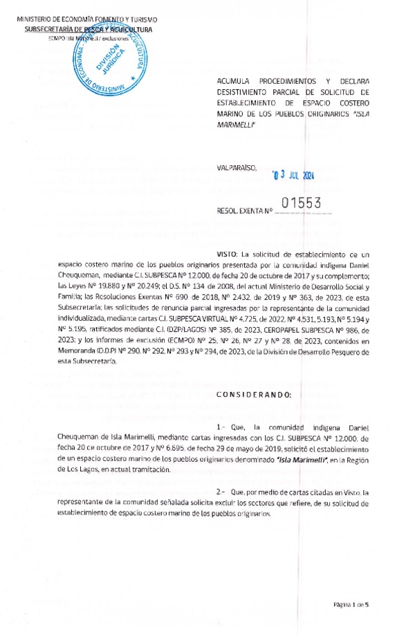Res. Ex. N° 1553-2024 Acumula procedimiento y declara desistimiento parcial de solicitud de establecimiento de ECMPO Isla Marimelli. (Publicado en Página Web 04-07-2024)