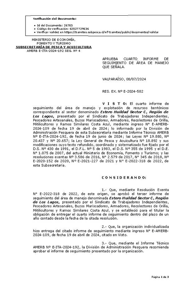 RES. EX. Nº E-2024-582 Aprueba cuarto informe de seguimiento. (Publicado en Página Web 09-07-2024)