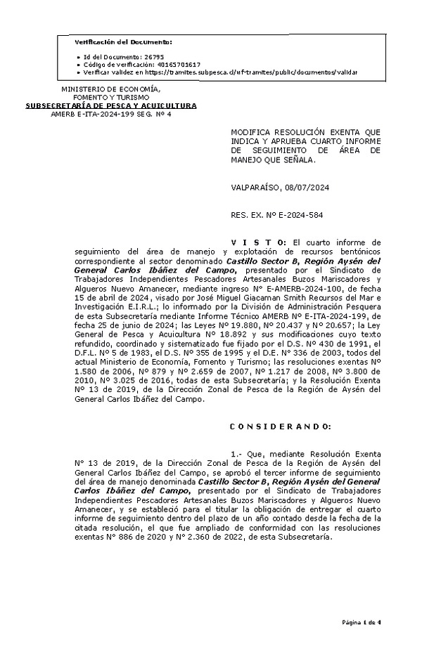RES. EX. Nº E-2024-584 Modifica resolución que indica, Aprueba cuarto informe de seguimiento. (Publicado en Página Web 09-07-2024)