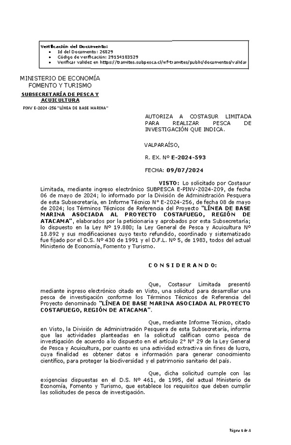 R. EX. Nº E-2024-593 AUTORIZA A COSTASUR LIMITADA PARA REALIZAR PESCA DE INVESTIGACIÓN QUE INDICA. (Publicado en Página Web 11-07-2024)