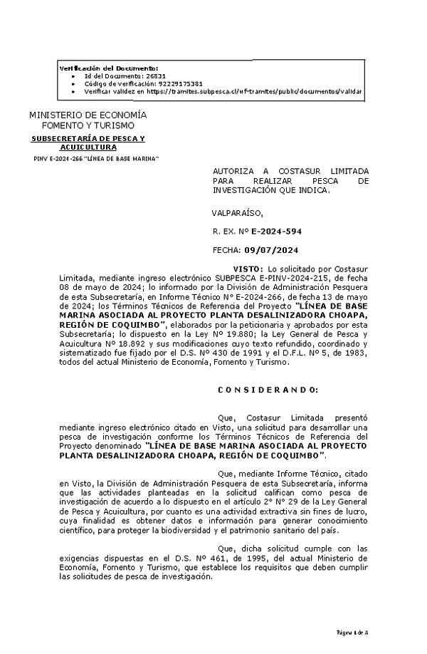 R. EX. Nº E-2024-594 AUTORIZA A COSTASUR LIMITADA PARA REALIZAR PESCA DE INVESTIGACIÓN QUE INDICA. (Publicado en Página Web 11-07-2024)