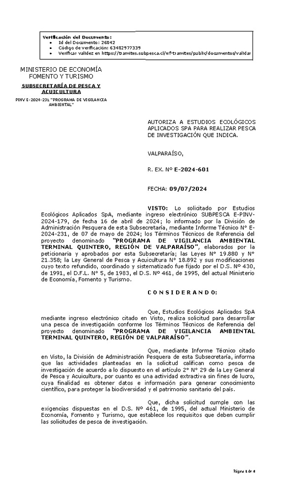 R. EX. Nº E-2024-601 AUTORIZA A ESTUDIOS ECOLÓGICOS APLICADOS SPA PARA REALIZAR PESCA DE INVESTIGACIÓN QUE INDICA. (Publicado en Página Web 11-07-2024)