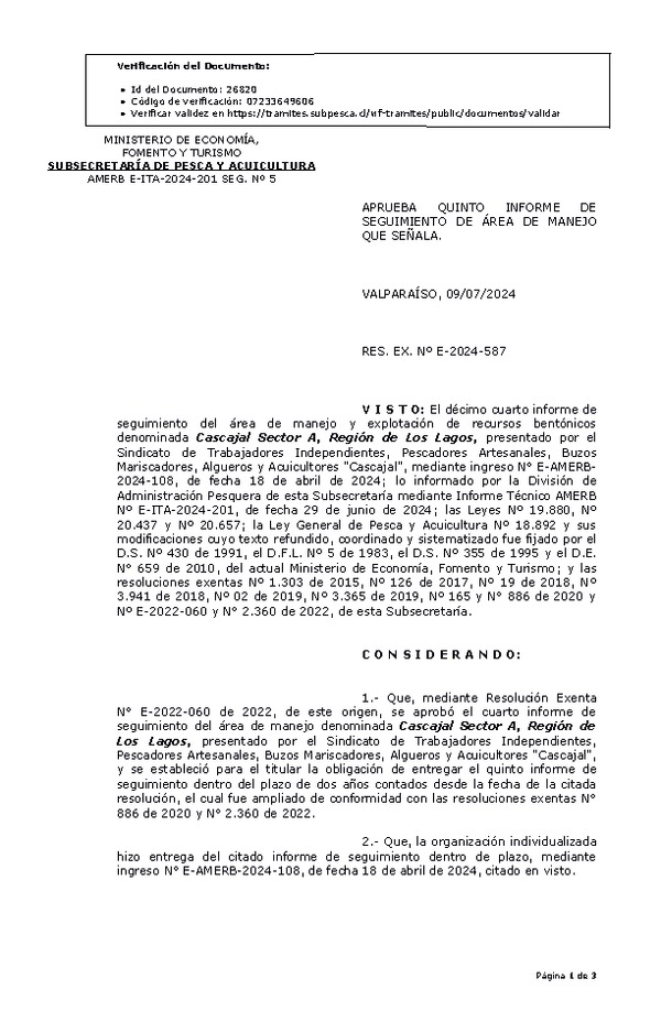 RES. EX. Nº E-2024-587 Aprueba quinto informe de seguimiento. (Publicado en Página Web 11-07-2024)