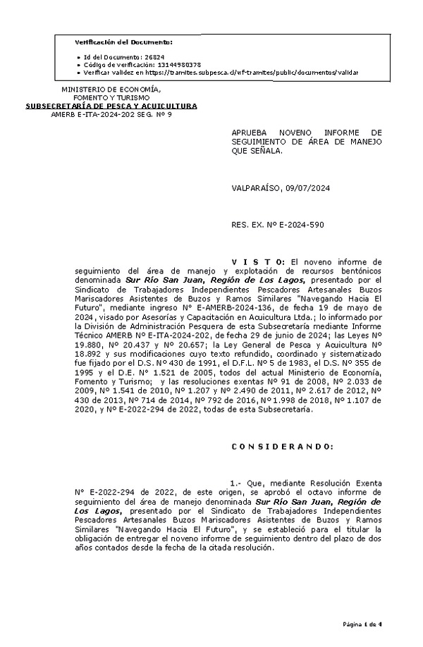 RES. EX. Nº E-2024-590 Aprueba noveno informe de seguimiento. (Publicado en Página Web 11-07-2024)