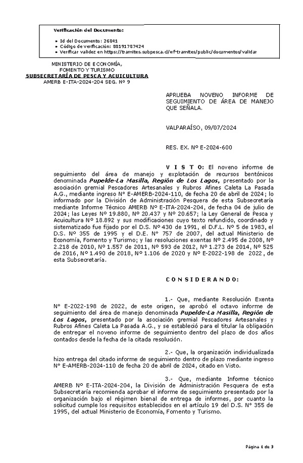 RES. EX. Nº E-2024-600 Aprueba noveno informe de seguimiento. (Publicado en Página Web 11-07-2024)