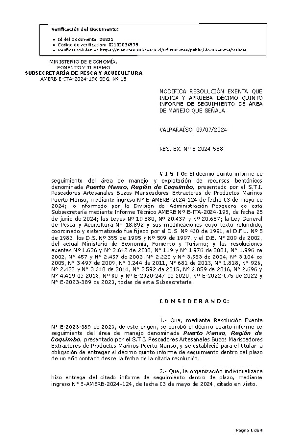 RES. EX. Nº E-2024-588 Modifica resolución que indica, Aprueba décimo quinto informe de seguimiento. (Publicado en Página Web 11-07-2024)