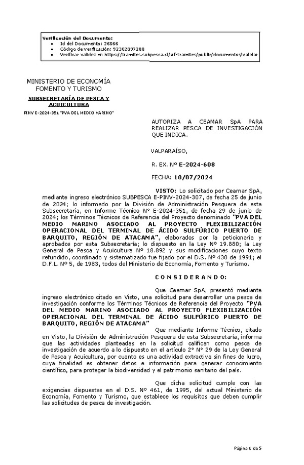 R. EX. Nº E-2024-608 AUTORIZA A CEAMAR SpA PARA REALIZAR PESCA DE INVESTIGACIÓN QUE INDICA. (Publicado en Página Web 12-07-2024)