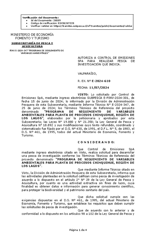 R. EX. Nº E-2024-610 AUTORIZA A CONTROL DE EMISIONES SPA PARA REALIZAR PESCA DE INVESTIGACIÓN QUE INDICA. (Publicado en Página Web 15-07-2024)