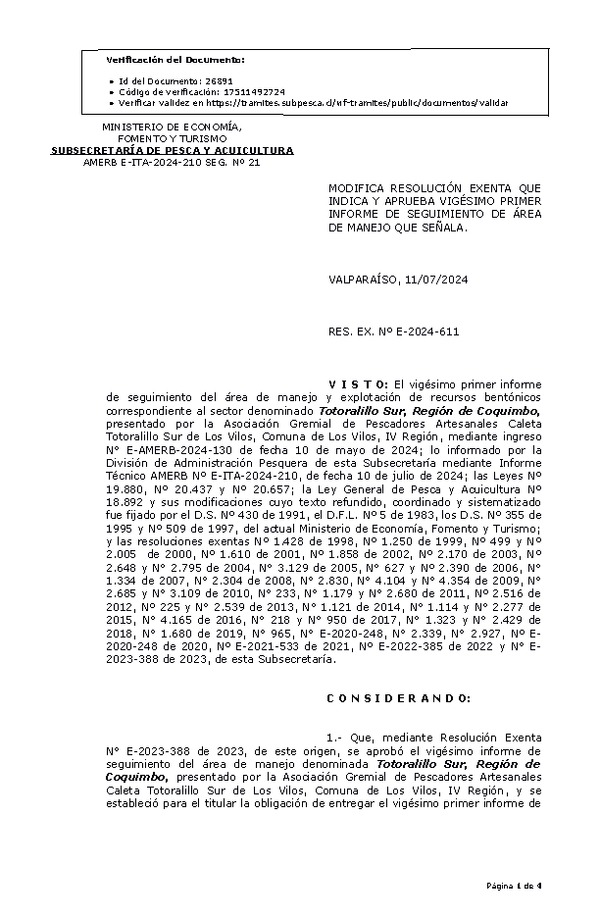 RES. EX. Nº E-2024-611 Aprueba vigésimo primer informe de seguimiento. (Publicado en Página Web 15-07-2024)