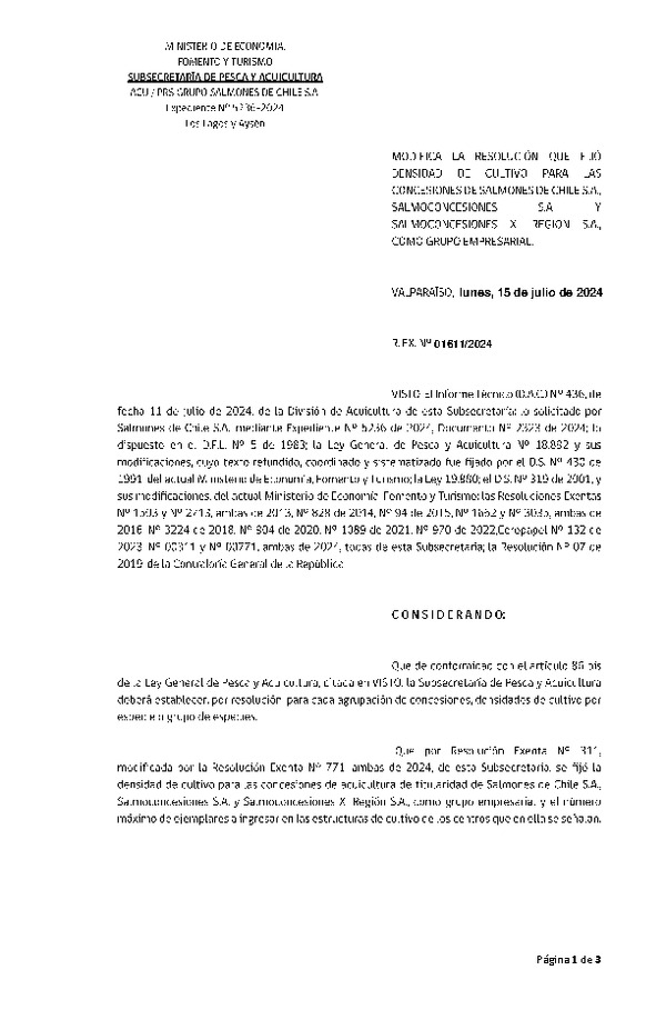 Res. Ex. N° 1611-2024 Modifica Res. Ex. N° 00311-2024 Fija densidad de cultivo para las concesiones de acuicultura de titularidad de Salmones de Chile S.A., Salmoconcesiones S.A. y Salmoconcesiones XI Región S.A. como grupo empresarial. Aprueba programa de manejo que indica. (Con informe Técnico) (Publicado en Página Web 15-07-2024)
