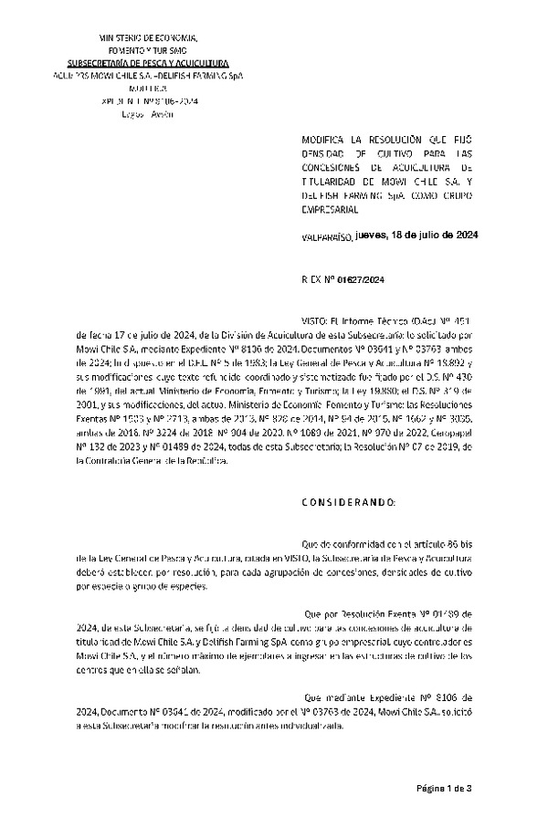 Res. Ex. N° 1627-2024 Modifica Res. Ex. N° 1489-2024 Fija densidad de cultivo para las concesiones de acuicultura de titularidad de Mowi Chile S.A. y Delifish Farming SpA., como grupo empresarial. Aprueba programa de manejo que indica. (Con Informe Técnico) (Publicado en Página Web 19-07-2024)