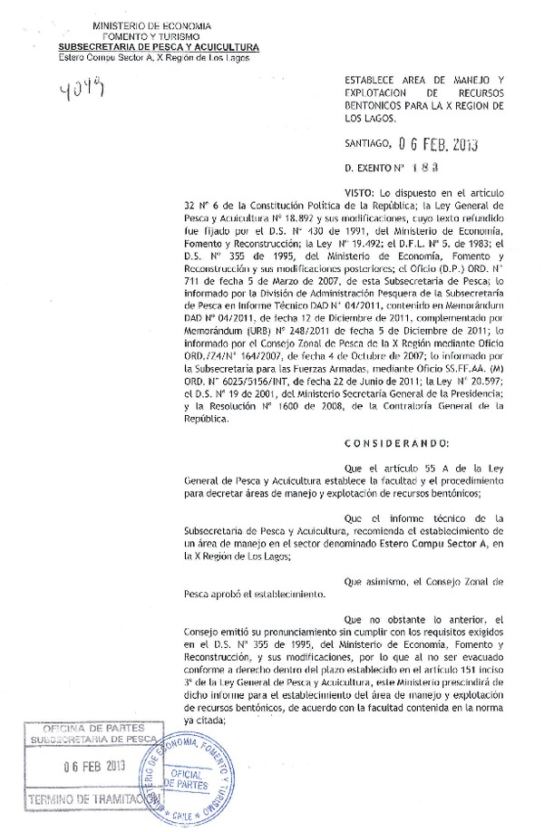 Dec. Ex. N° 183-2013 Establece Área de Manejo Estero Compu Sector A, X Región.