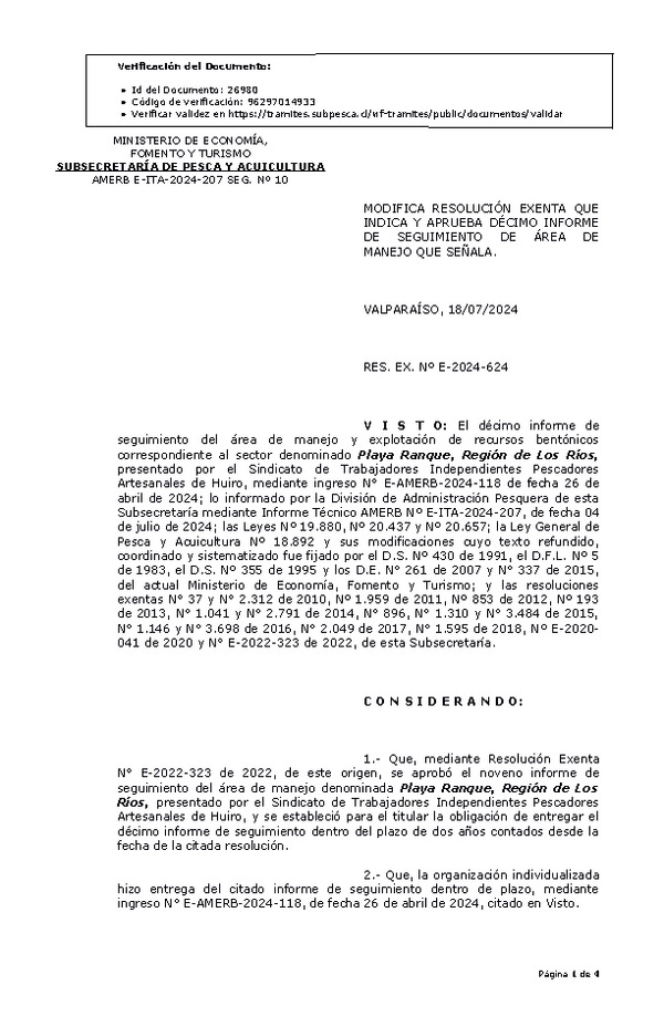 RESOL. EXENTA Nº E-2024-624 Modifica resolución que indica, Aprueba décimo informe de seguimiento. (Publicado en Página Web 08-06-2022)