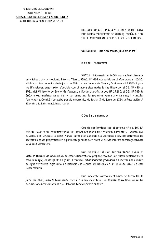Res. Ex. N° 1648-2024 Declara Área de Plaga y de Riesgo de Plaga que Indica, en Cuerpos de Agua que Señala. (Publicado en Página Web 23-07-2024)