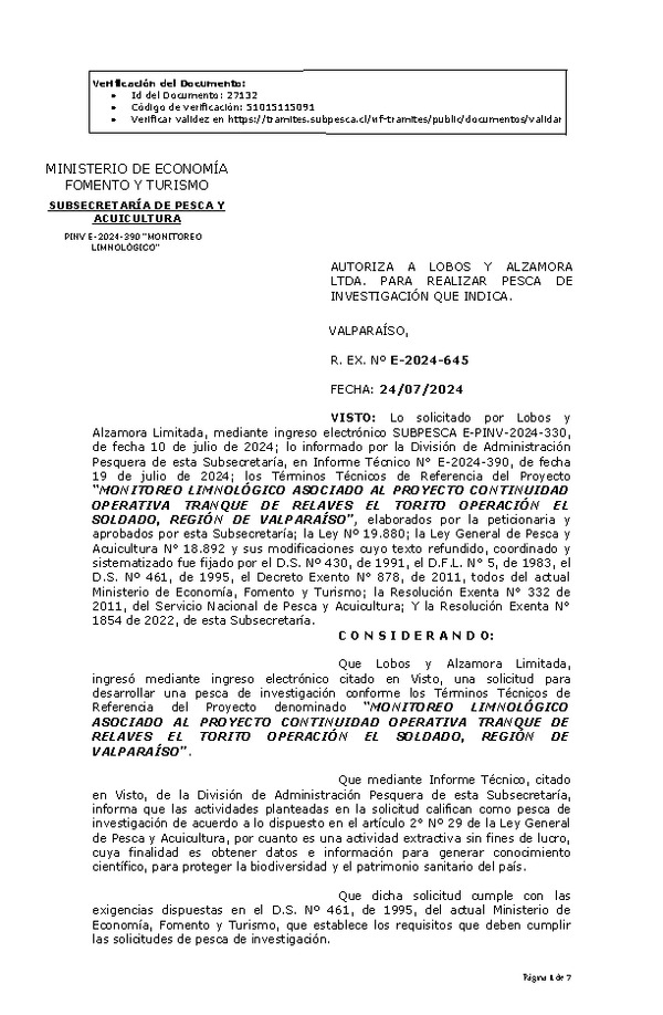 R. EX. Nº E-2024-645 AUTORIZA A LOBOS Y ALZAMORA LTDA. PARA REALIZAR PESCA DE INVESTIGACIÓN QUE INDICA. (Publicado en Página Web 25-07-2024)