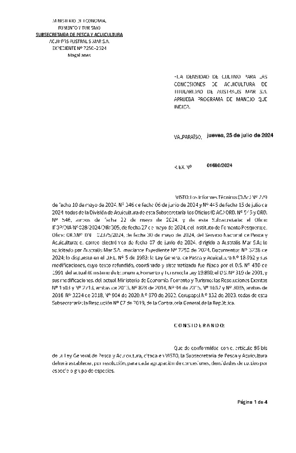 Res. Ex. N° 1680-2024 Fija densidad de cultivo para las concesiones de acuicultura de titularidad de Australis Mar S.A. Aprueba programa de manejo que indica. (Con Informe Técnico) (Publicado en Página Web 26-07-2024)