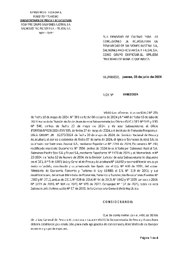 Res. Ex. N° 1682-2024 Fija densidad de cultivo para las concesiones de acuicultura de titularidad de Salmones Austral S.A., Salmones Pacific Star S.A. y Trusal S.A. como grupo Empresarial. Aprueba programa de manejo que indica. (Con Informe Técnico) (Publicado en Página Web 26-07-2024)