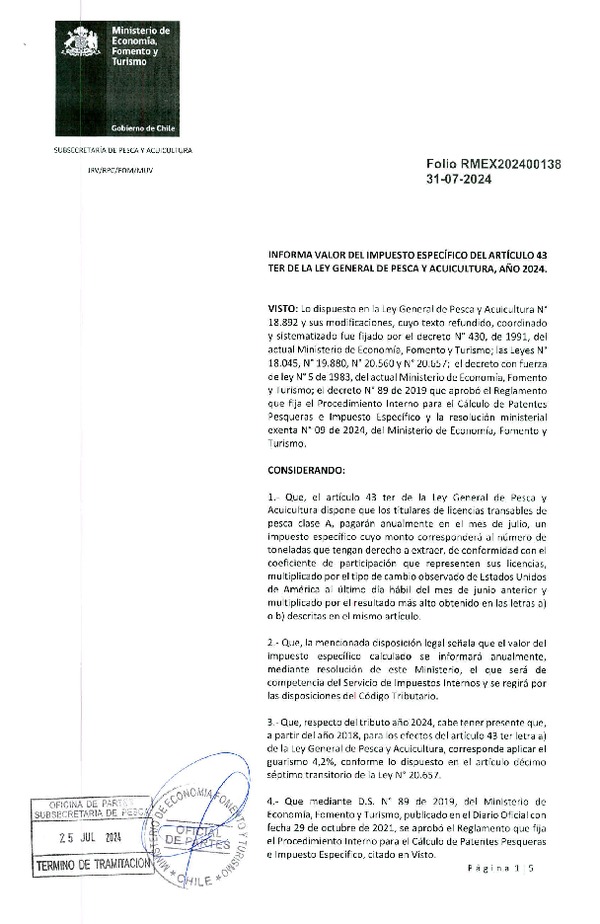 Res Min. Ex. N° 202400138 Informa Valor del Impuesto Específico del Artículo 43 Ter de la Ley General de Pesca y Acuicultura, Año 2024. (Con Informe Técnico) (Publicado en Página Web 31-07-2024)