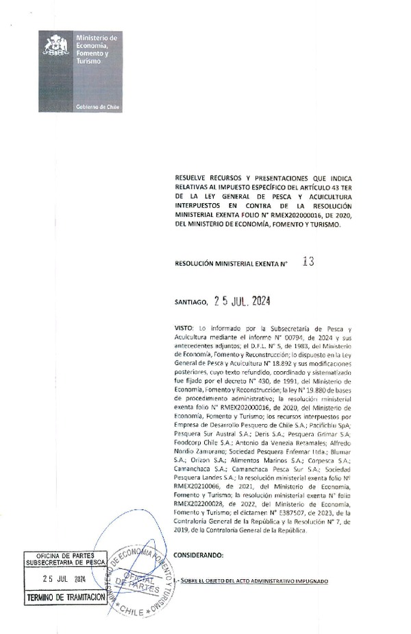 Res Min. Ex. N° 13-2024 Resuelve Recursos y Presentaciones que Indica Relativas al Impuesto Específico del Artículo 43 Ter de la Ley General de Pesca y Acuicultura, Interpuesto en Contra de la Res. Min Ex. Folio N° 202000016, de 2020. (Publicado en Página Web 31-07-2024)