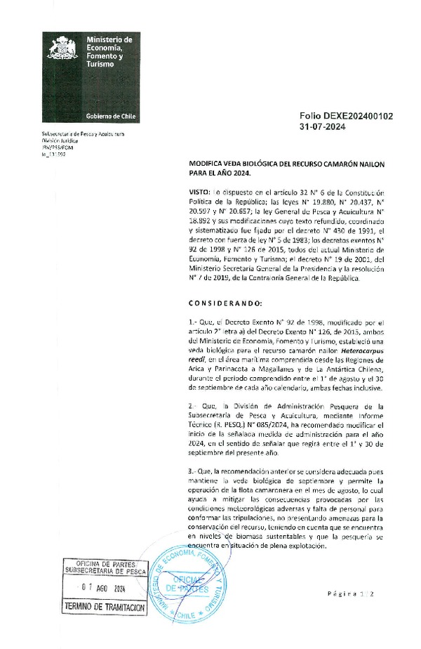 Dec. Ex. Folio 202400102 Modifica Dec. Ex. N° 92-1998 Veda Biológica Biológica Recurso Camarón Nailon, Regiones de Arica y Parinacota a Magallanes y La Antártica Chilena Para el Año 2024. (Publicado en Página Web 02-08-2024)