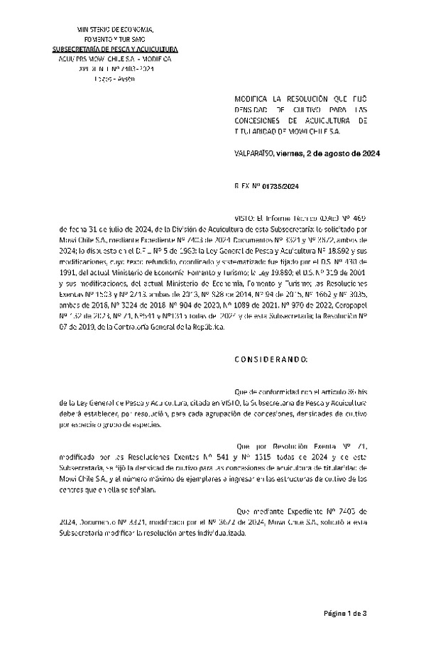 Res. Ex. N° 1735-2024 Modifica Res. Ex. N° 71-2024 Fija densidad de cultivo para las concesiones de acuicultura de titularidad de Mowi Chile S.A. (Con informe técnico) (Publicado en Página Web 05-08-2024)