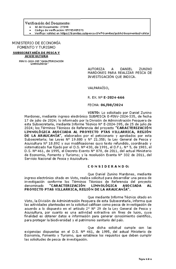 R. EX. Nº E-2024-666 AUTORIZA A DANIEL ZUNINO MARDONES PARA REALIZAR PESCA DE INVESTIGACIÓN QUE INDICA. (Publicado en Página Web 07-08-2024)